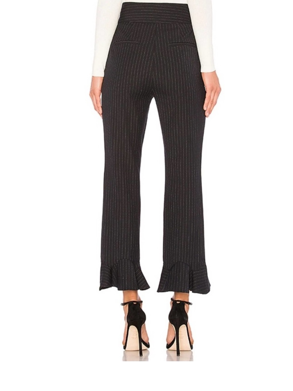 Rebecca Taylor Black Pinstripe
Ruffle Hem Wool Trousers Double
Buckle Waist 12 - Picture 4 of 8